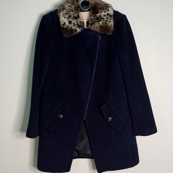 Rebecca Taylor Navy Wool Coat w/ Faux Fur Leopard Collar | Size - Picture 4 of 10